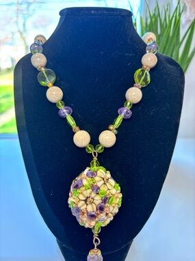 Handcrafted Green and Purple Beaded Pendant Necklace - Women Jewelry